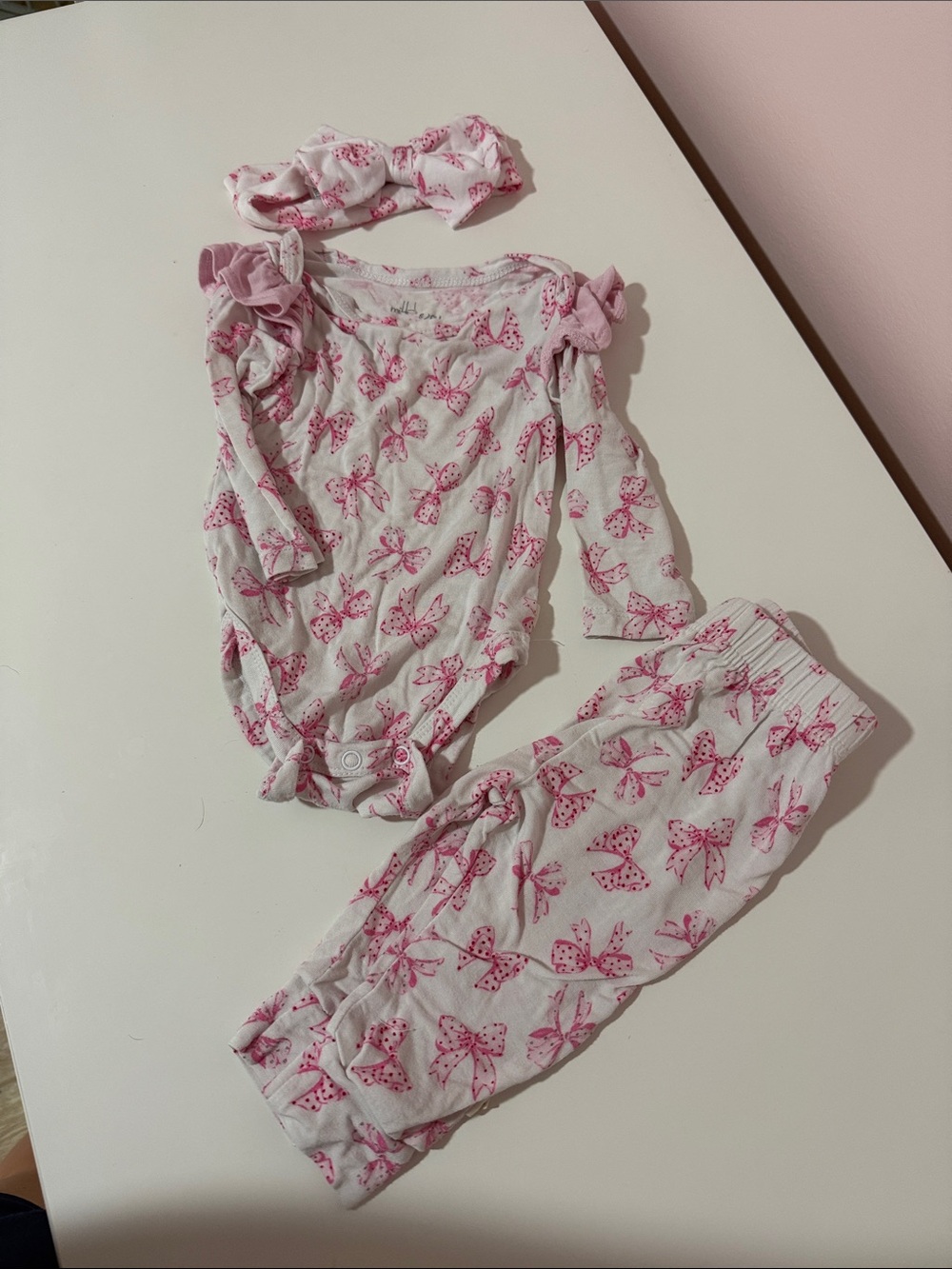 Baby Girl Pink Bow-Print Pajama Set with Headband